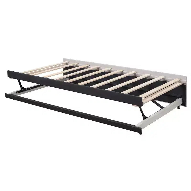 Lit plateforme en forme de L, taille double, avec lit gigogne escamotable, cadre de lit d'angle en bois rembourré pour chambre à coucher