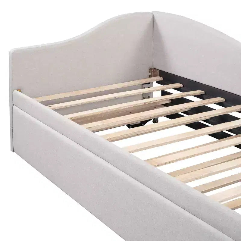 Lit plateforme en forme de L, taille double, avec lit gigogne escamotable, cadre de lit d'angle en bois rembourré pour chambre à coucher