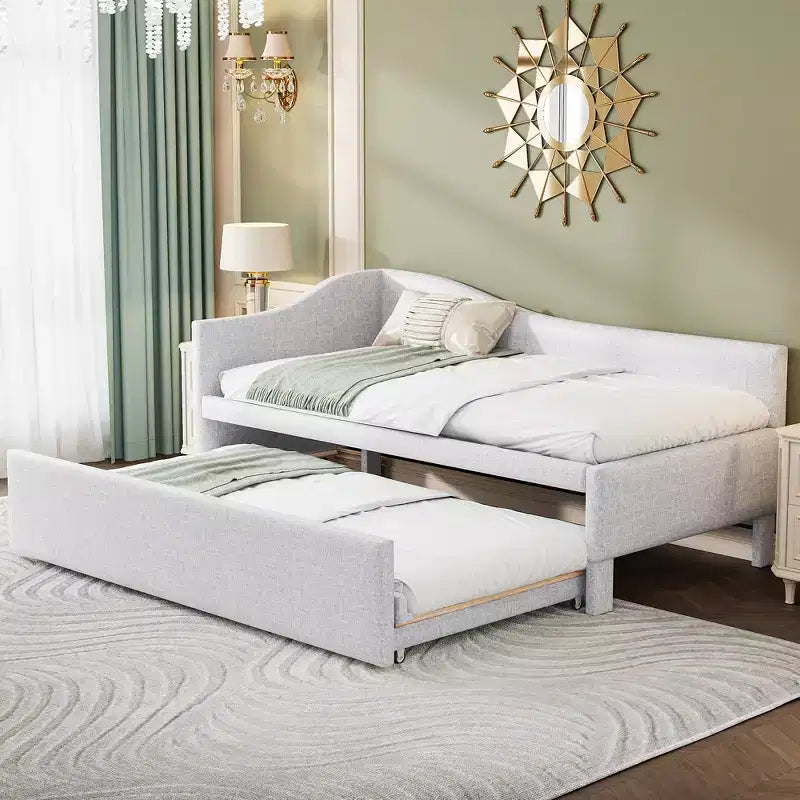 Lit plateforme en forme de L, taille double, avec lit gigogne escamotable, cadre de lit d'angle en bois rembourré pour chambre à coucher