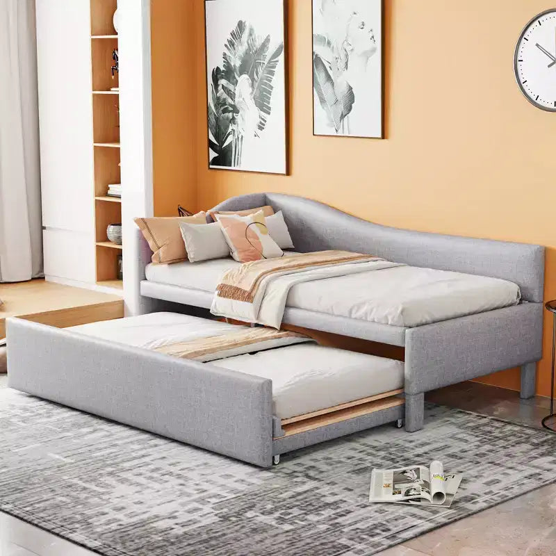 Lit plateforme en forme de L, taille double, avec lit gigogne escamotable, cadre de lit d'angle en bois rembourré pour chambre à coucher