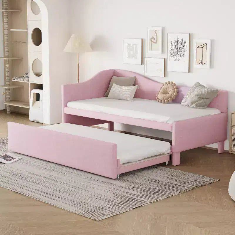 Lit plateforme en forme de L, taille double, avec lit gigogne escamotable, cadre de lit d'angle en bois rembourré pour chambre à coucher
