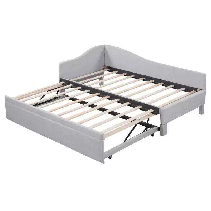 Lit plateforme en forme de L, taille double, avec lit gigogne escamotable, cadre de lit d'angle en bois rembourré pour chambre à coucher
