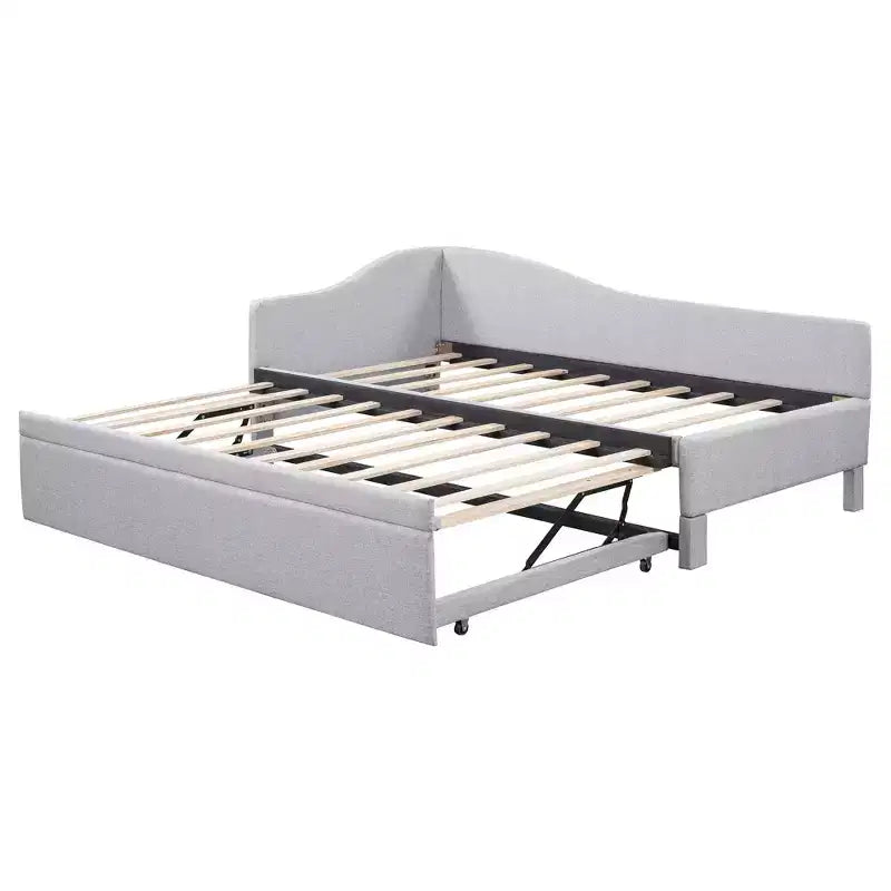 Lit plateforme en forme de L, taille double, avec lit gigogne escamotable, cadre de lit d'angle en bois rembourré pour chambre à coucher