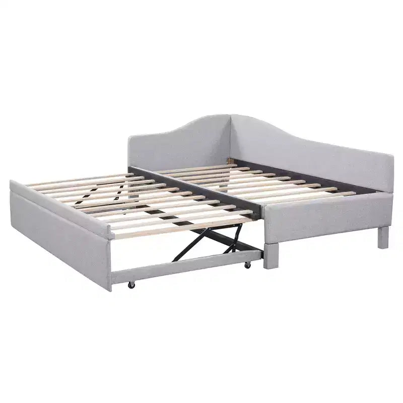Lit plateforme en forme de L, taille double, avec lit gigogne escamotable, cadre de lit d'angle en bois rembourré pour chambre à coucher