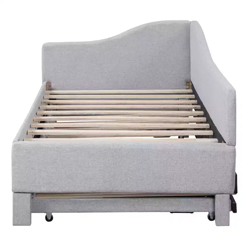 Lit plateforme en forme de L, taille double, avec lit gigogne escamotable, cadre de lit d'angle en bois rembourré pour chambre à coucher