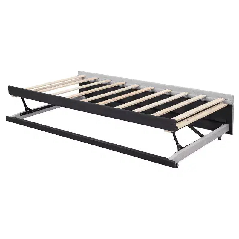 Lit plateforme en forme de L, taille double, avec lit gigogne escamotable, cadre de lit d'angle en bois rembourré pour chambre à coucher