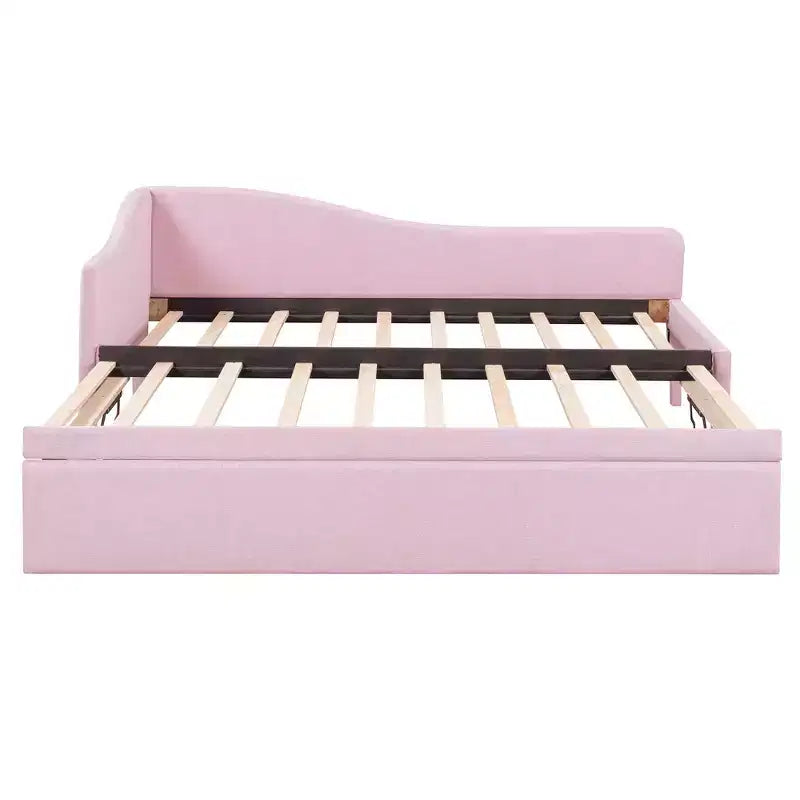 Lit plateforme en forme de L, taille double, avec lit gigogne escamotable, cadre de lit d'angle en bois rembourré pour chambre à coucher
