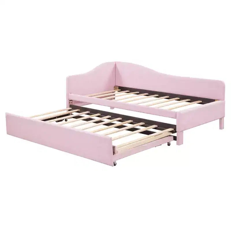 Lit plateforme en forme de L, taille double, avec lit gigogne escamotable, cadre de lit d'angle en bois rembourré pour chambre à coucher