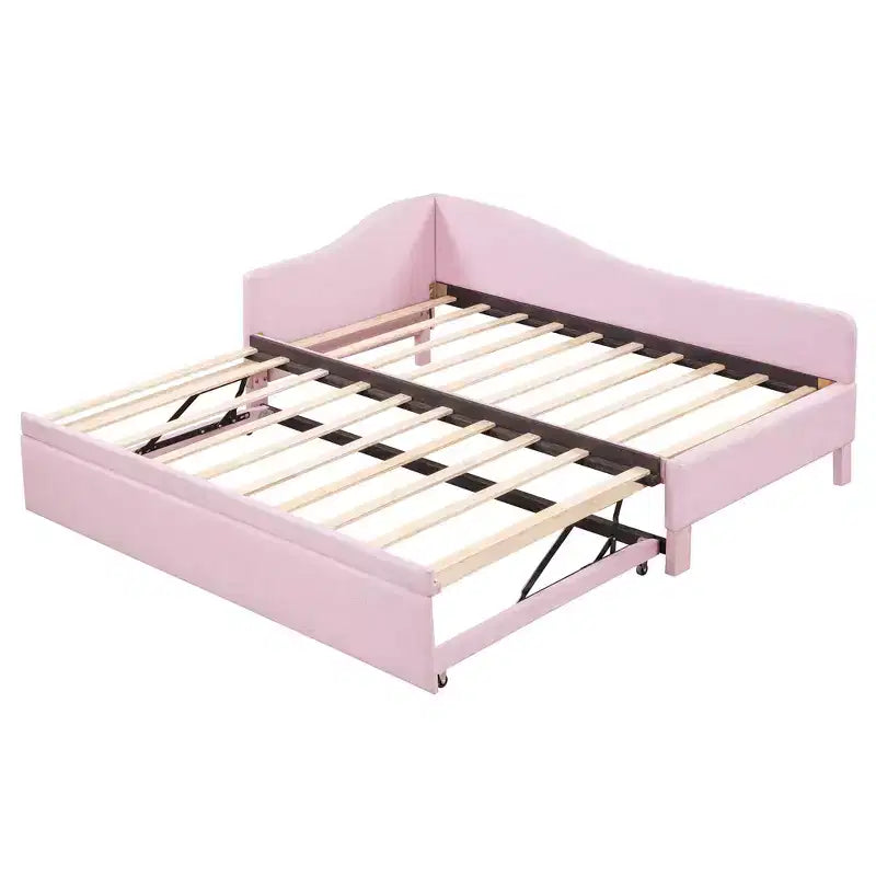 Lit plateforme en forme de L, taille double, avec lit gigogne escamotable, cadre de lit d'angle en bois rembourré pour chambre à coucher