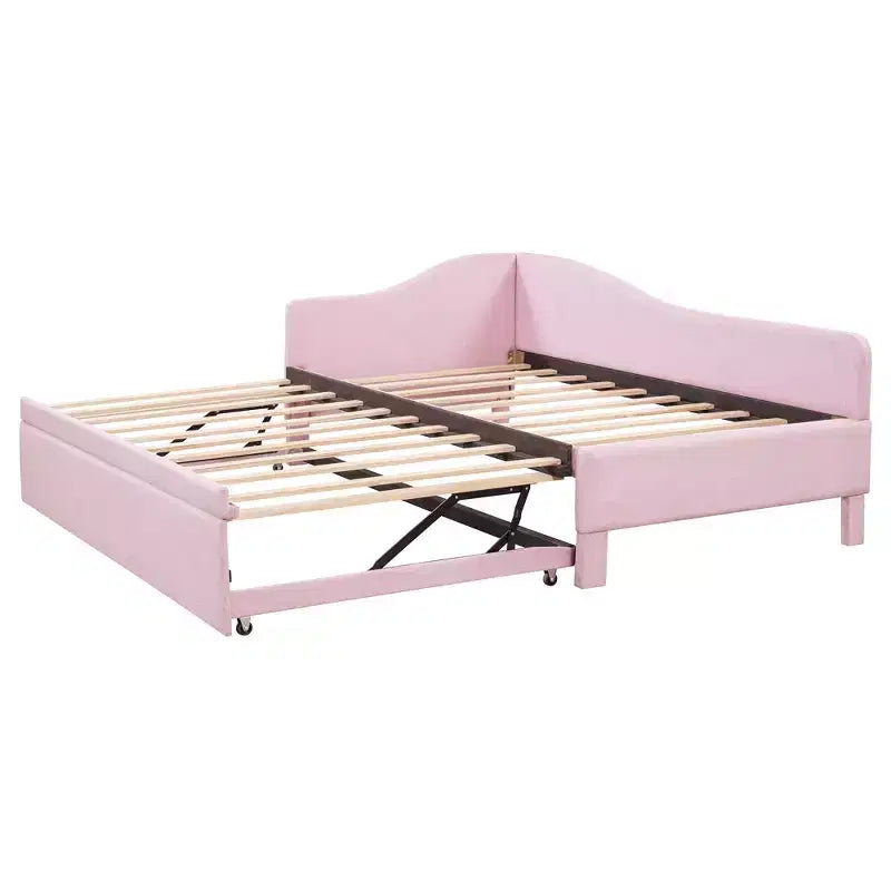 Lit plateforme en forme de L, taille double, avec lit gigogne escamotable, cadre de lit d'angle en bois rembourré pour chambre à coucher