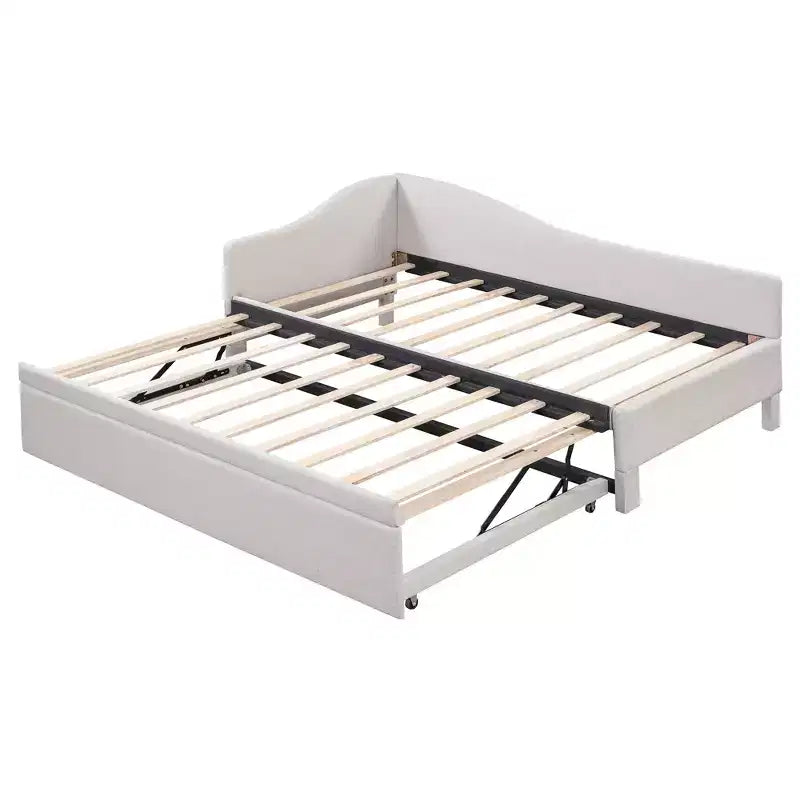 Twin Size L Shaped Platform Bed with Pop Up Trundle, Wood Upholstered Corner Bed Frame for Bedroom