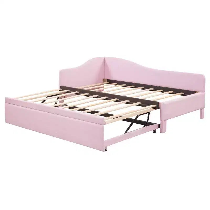 Lit plateforme en forme de L, taille double, avec lit gigogne escamotable, cadre de lit d'angle en bois rembourré pour chambre à coucher