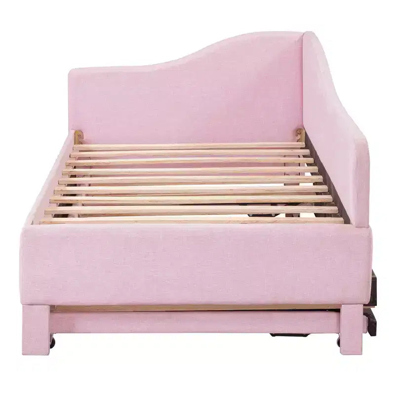 Lit plateforme en forme de L, taille double, avec lit gigogne escamotable, cadre de lit d'angle en bois rembourré pour chambre à coucher