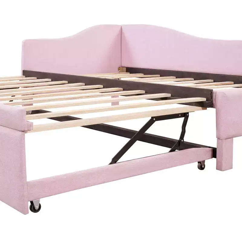 Lit plateforme en forme de L, taille double, avec lit gigogne escamotable, cadre de lit d'angle en bois rembourré pour chambre à coucher
