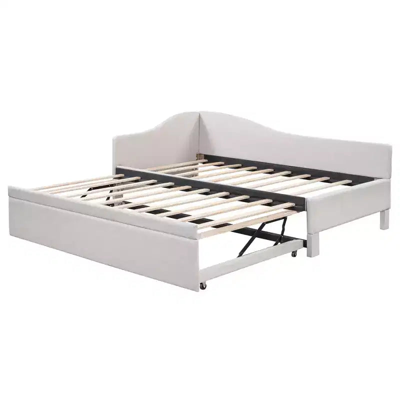 Twin Size L Shaped Platform Bed with Pop Up Trundle, Wood Upholstered Corner Bed Frame for Bedroom