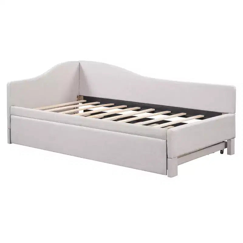 Lit plateforme en forme de L, taille double, avec lit gigogne escamotable, cadre de lit d'angle en bois rembourré pour chambre à coucher