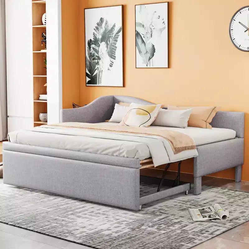 Twin Size L Shaped Platform Bed with Pop Up Trundle, Wood Upholstered Corner Bed Frame for Bedroom