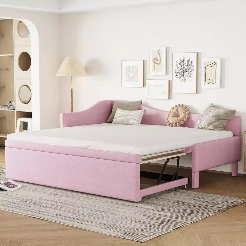Twin Size L Shaped Platform Bed with Pop Up Trundle, Wood Upholstered Corner Bed Frame for Bedroom