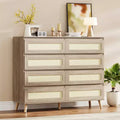8 Drawer Dresser, Modern Farmhouse Rattan Chest of Drawers, 47.2 Inch Wide Dresser for Bedroom, Wood TV Stand Storage Organizer for Entryway, Closet