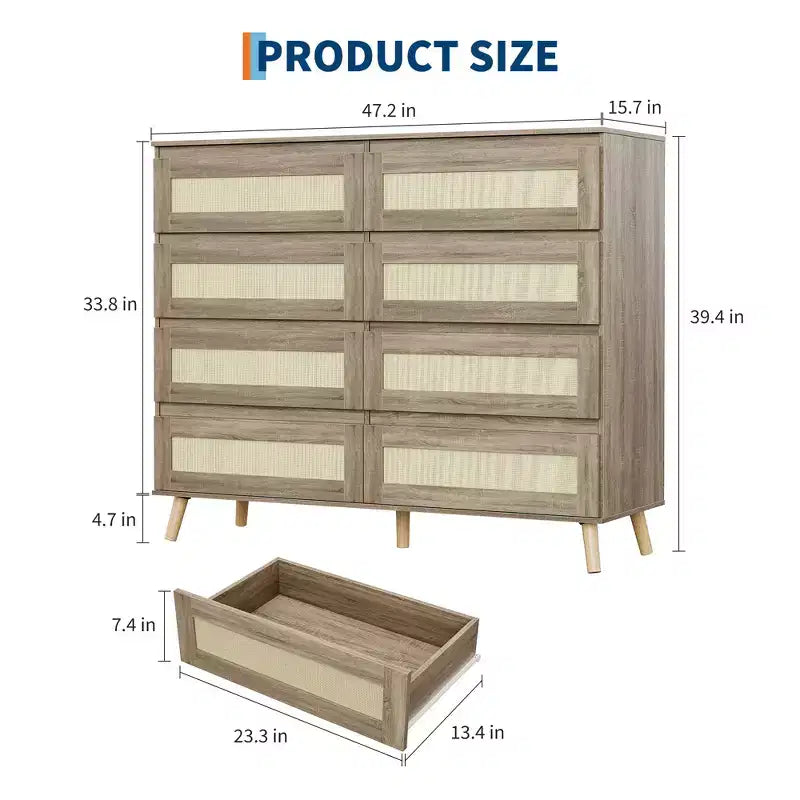 Commode à 8 tiroirs, commode moderne en rotin style ferme, commode de 120 cm de large pour chambre à coucher, meuble TV en bois, organisateur de rangement pour entrée, dressing