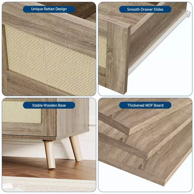 Commode à 8 tiroirs, commode moderne en rotin style ferme, commode de 120 cm de large pour chambre à coucher, meuble TV en bois, organisateur de rangement pour entrée, dressing