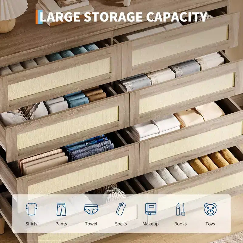 Commode à 8 tiroirs, commode moderne en rotin style ferme, commode de 120 cm de large pour chambre à coucher, meuble TV en bois, organisateur de rangement pour entrée, dressing