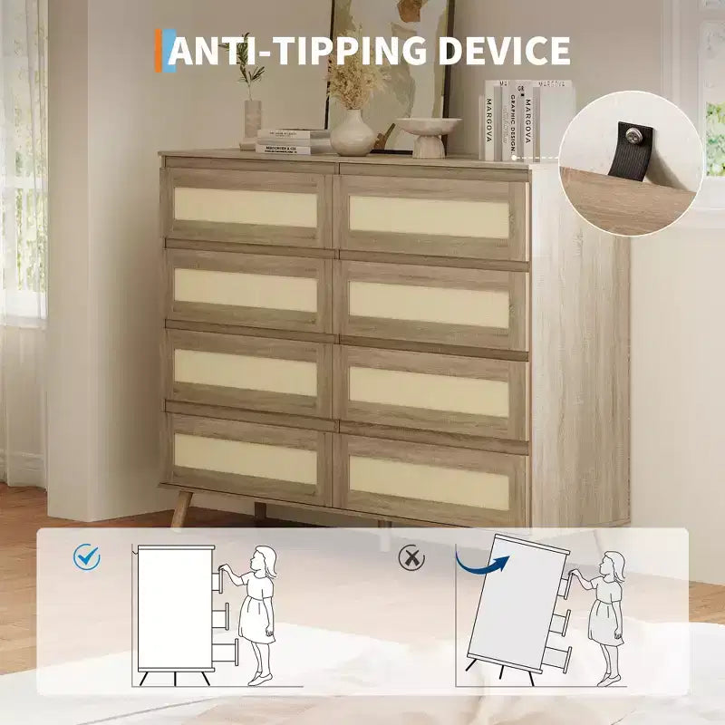 Commode à 8 tiroirs, commode moderne en rotin style ferme, commode de 120 cm de large pour chambre à coucher, meuble TV en bois, organisateur de rangement pour entrée, dressing
