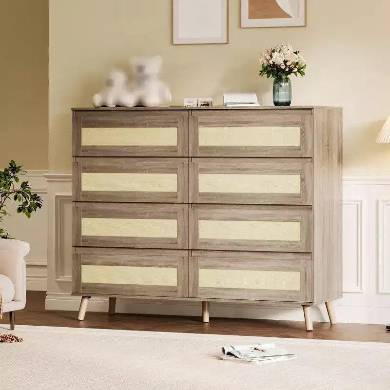 Commode à 8 tiroirs, commode moderne en rotin style ferme, commode de 120 cm de large pour chambre à coucher, meuble TV en bois, organisateur de rangement pour entrée, dressing
