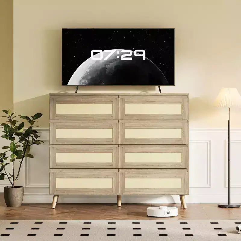 Commode à 8 tiroirs, commode moderne en rotin style ferme, commode de 120 cm de large pour chambre à coucher, meuble TV en bois, organisateur de rangement pour entrée, dressing