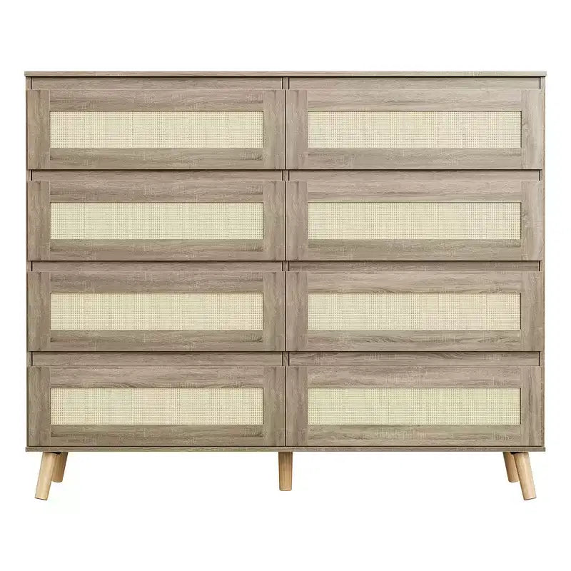 Commode à 8 tiroirs, commode moderne en rotin style ferme, commode de 120 cm de large pour chambre à coucher, meuble TV en bois, organisateur de rangement pour entrée, dressing