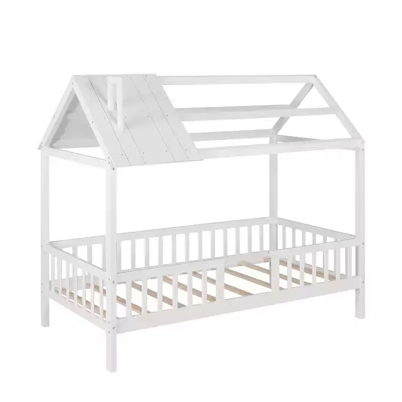 Lit cabane en bois de taille simple avec clôture pour chambres d'enfants