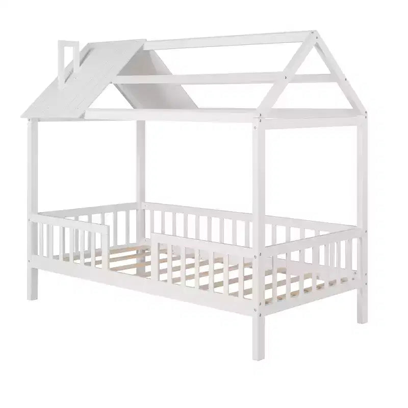 Lit cabane en bois de taille simple avec clôture pour chambres d'enfants