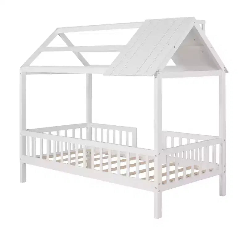 Lit cabane en bois de taille simple avec clôture pour chambres d'enfants