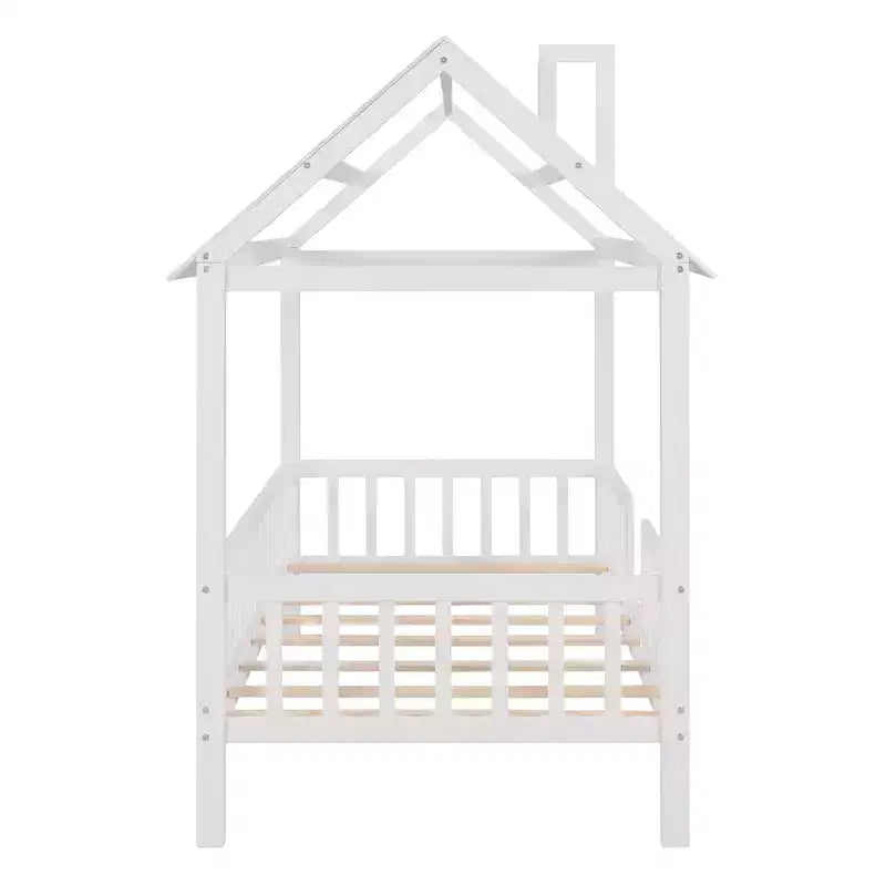 Lit cabane en bois de taille simple avec clôture pour chambres d'enfants