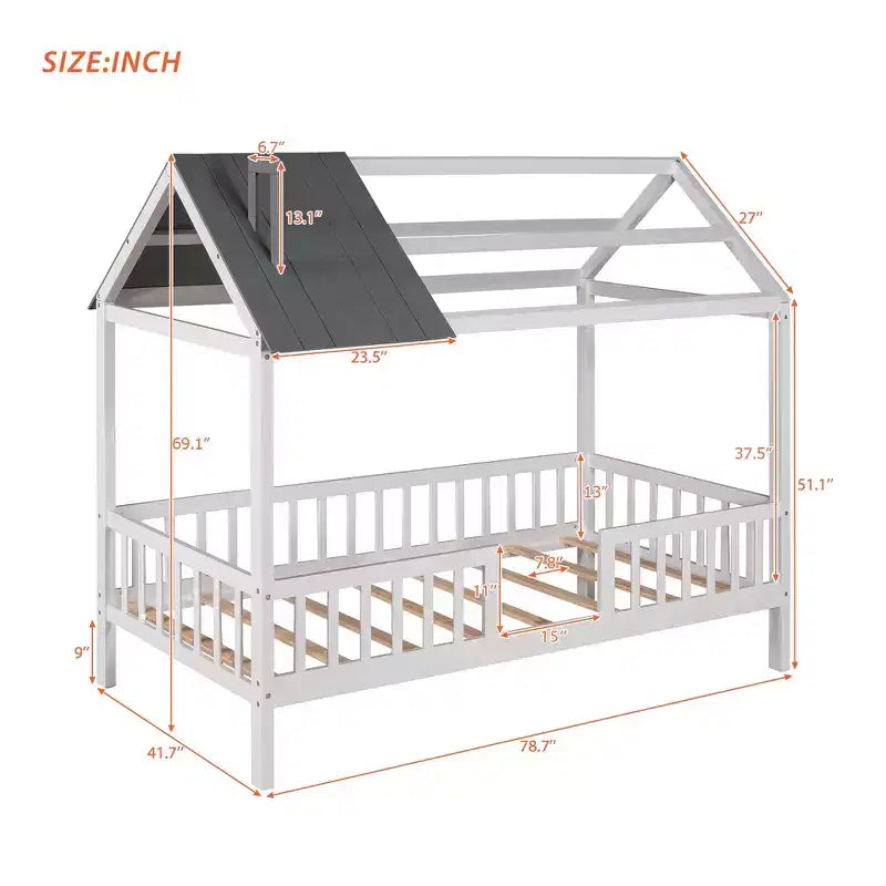Twin Size Wood House Bed with Fence for for Kids' Rooms