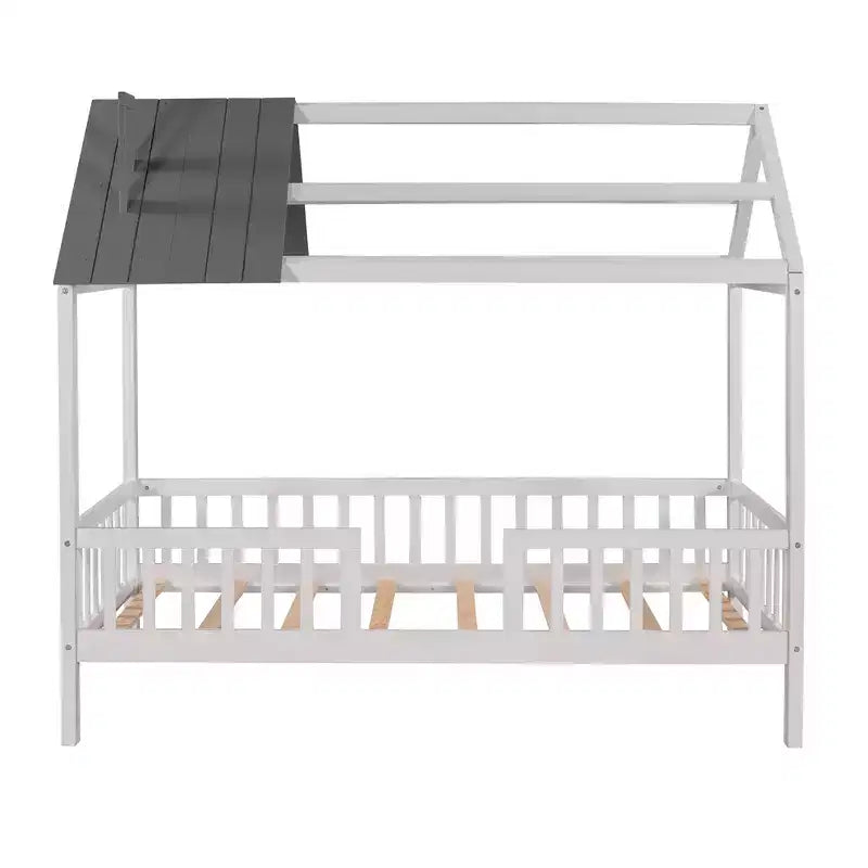 Twin Size Wood House Bed with Fence for for Kids' Rooms