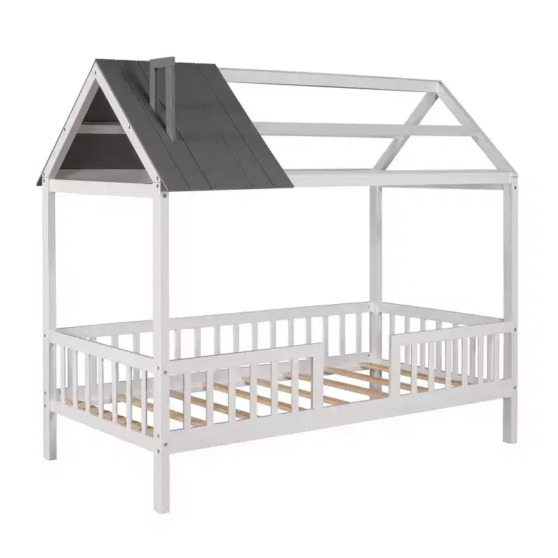 Twin Size Wood House Bed with Fence for for Kids' Rooms