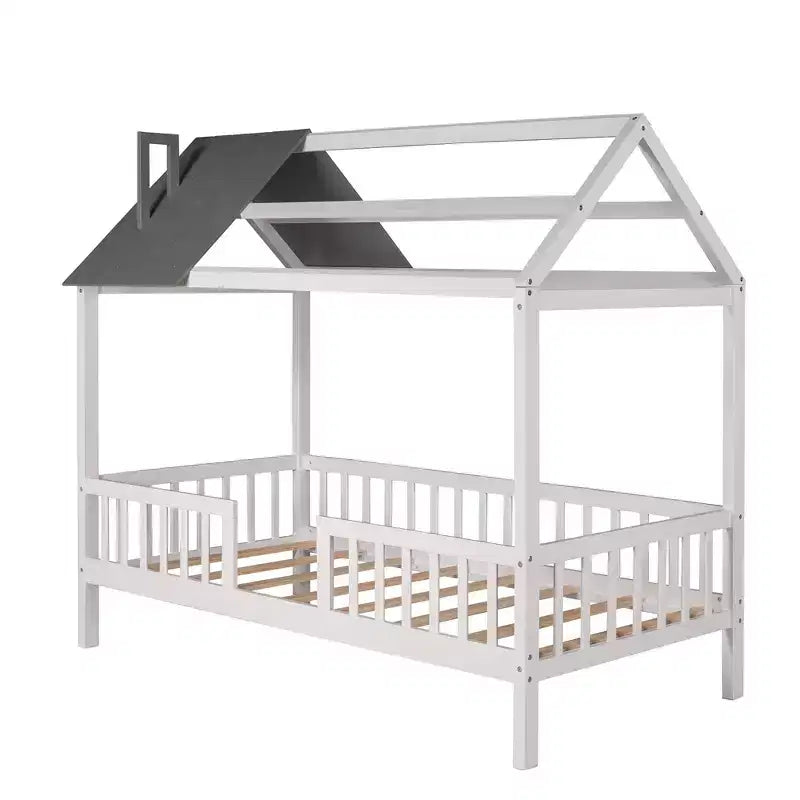 Twin Size Wood House Bed with Fence for for Kids' Rooms