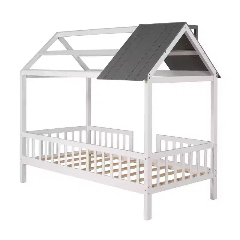 Lit cabane en bois de taille simple avec clôture pour chambres d'enfants