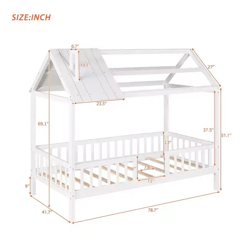 Lit cabane en bois de taille simple avec clôture pour chambres d'enfants