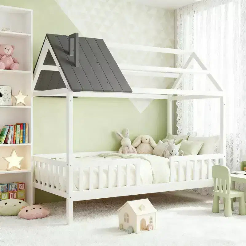 Luxystar Twin Size Wood House Bed with Fence for for Kids' Rooms