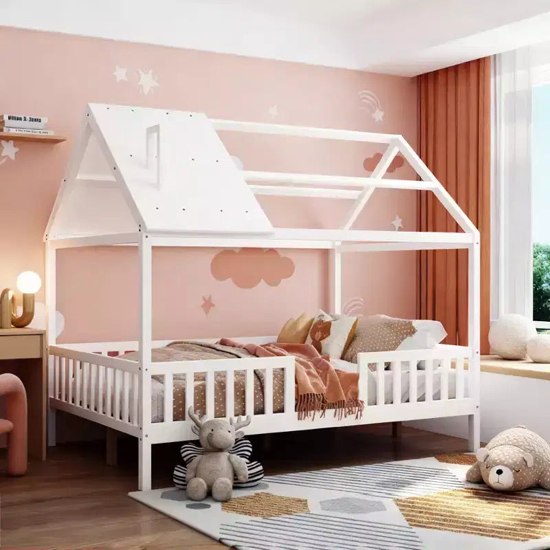 Twin Size Wood House Bed with Fence for for Kids' Rooms