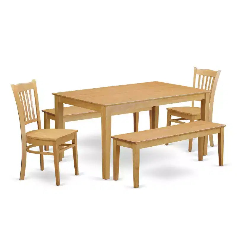HomeStock 5-Piece Rectangle Natural Oak Finish Solid Wood Top Dining Table with 2 Benches, 2 Chairs