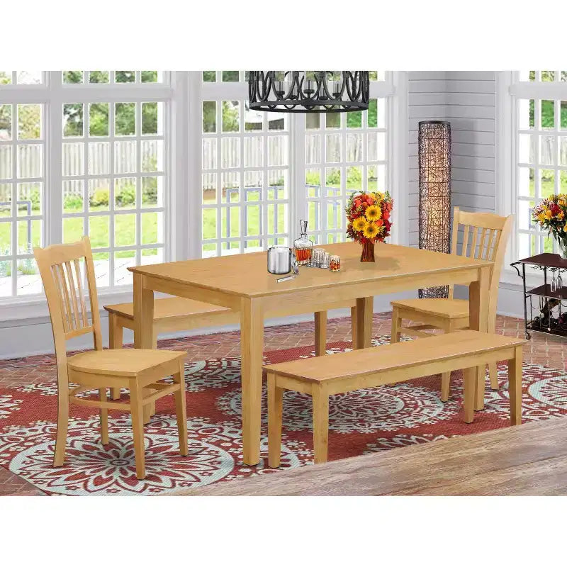 HomeStock Ensemble de 5 meubles de salle à manger, comprenant une table rectangulaire avec plateau en bois massif finition chêne naturel, 2 bancs et 2 chaises