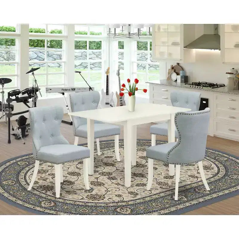 Ensemble table à manger 4 chaises - Tissu en lin bleu et blanc - Ensemble de cuisine moderne en bois