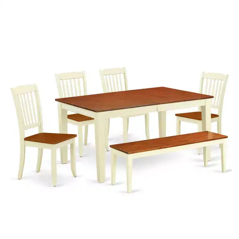 Retro Dining Set 6Pc Rectangular Table w/ Leaf & 4 Chairs Bench - 54/66 Inch