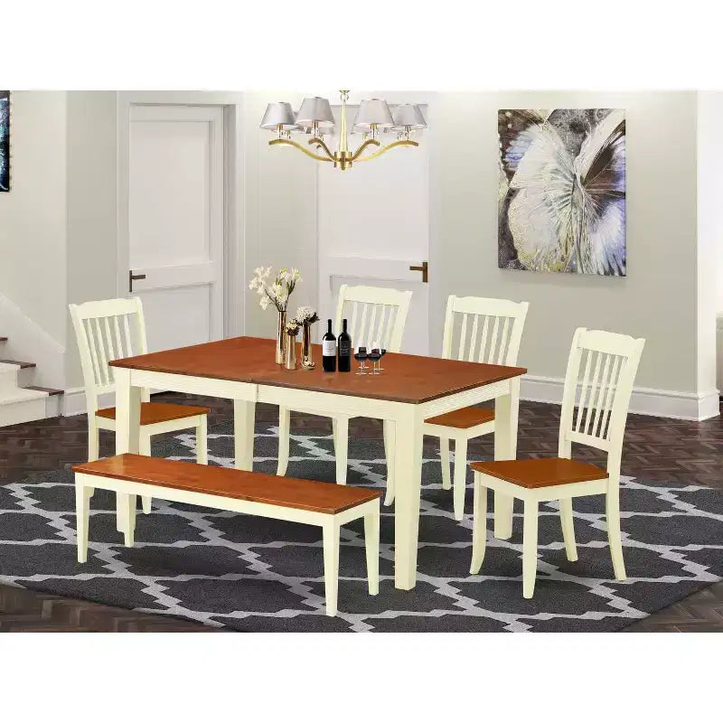 Ensemble de salle à manger rétro 6 pièces : table rectangulaire avec rallonge, 4 chaises et banc - 54/66 pouces