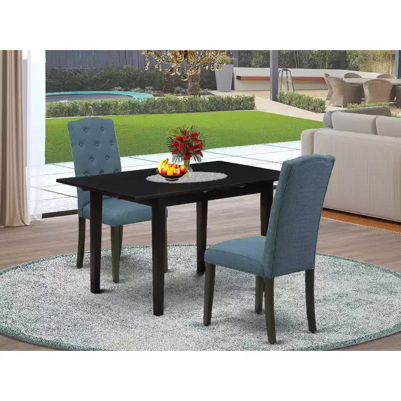 Ensemble de table à manger HomeStock 3 pièces, finition noire, plateau rectangulaire en bois massif avec rallonge papillon