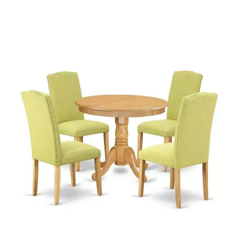 Modern Round Dining Set 5Pc - 36 Table & 4 Chairs - Oak Legs, Linen Fabric - HomeStock