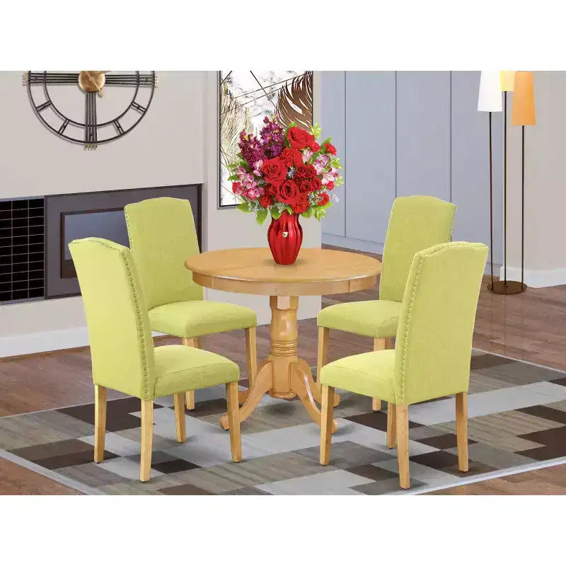 Ensemble de salle à manger rond moderne 5 pièces - Table 36 po et 4 chaises - Pieds en chêne, tissu en lin - HomeStock